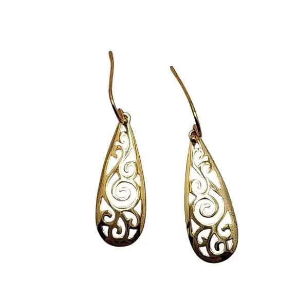 Yellow Gold Plated Sterling Silver Teardrop Filigree Drop Dangle Hook Earrings - Picture 2 of 9